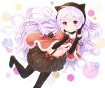  1girl animal_hood black_legwear blush bubble_skirt capelet cat_hood elbow_gloves fingerless_gloves gloves hood long_hair looking_at_viewer mahou_shoujo_madoka_magica mahou_shoujo_madoka_magica_movie midriff momoe_nagisa navel pantyhose purple_hair smile solo suspenders very_long_hair white_hair yaegorou 