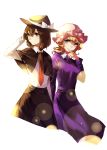  2girls belt blonde_hair blue_eyes braid brown_hair capelet dress hand_in_hair hat highres hug_(artist) long_sleeves looking_at_viewer maribel_hearn mob_cap multiple_girls neckerchief purple_dress shirt short_hair single_braid skirt smile touhou usami_renko 