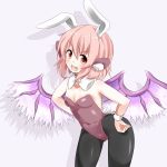  1girl animal_ears black_legwear bowtie breasts bunny_girl bunny_tail bunnysuit detached_collar fang geso_(nekomachi) leotard mystia_lorelei open_mouth pantyhose pink_hair rabbit_ears red_eyes short_hair smile solo tail touhou wings 