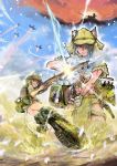  3girls action aiming animal_ears anti-materiel_rifle backpack bag bayonet black_eyes black_hair bolt_action brown_eyes brown_hair cat_ears cat_tail cigarette clouds cover cover_page dog_ears doujin_cover explosion flying gloves gun hat helmet laser long_hair midriff military military_uniform mishiro_shinza multiple_girls neuroi open_mouth original rifle sarashi short_hair silhouette sky sling smoking sniper_rifle strike_witches striker_unit tail torn_clothes uniform weapon 