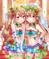  2girls brown_hair elbow_gloves gloves leg_ribbon long_hair midriff multiple_girls navel original red_eyes senjou_no_electro_girl shina_shina 