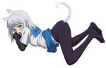  1girl animal_ears ass blue_eyes blush cat_ears cat_tail highres kanase_kanon kekke looking_at_viewer open_mouth panties panties_under_pantyhose pantyhose school_uniform short_hair silver_hair solo strike_the_blood tail underwear 