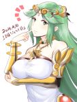  1girl 2014 bare_shoulders breasts dated finger_to_face geronimo_denkousenki green_eyes green_hair jewelry kid_icarus_uprising large_breasts long_hair necklace palutena simple_background solo very_long_hair white_hair 
