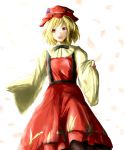  1girl aki_minoriko ao-shiba blonde_hair hat highres open_mouth oversized_clothes petals red_eyes short_hair solo touhou white_background wide_sleeves 