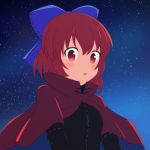  1girl bow cape cato_(monocatienus) hair_bow night night_sky open_mouth red_eyes redhead sekibanki short_hair sky smile solo touhou 