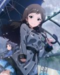  2girls artist_request black_hair clouds cloudy_sky earrings idolmaster idolmaster_million_live! jewelry kitazawa_shiho long_hair looking_at_viewer mogami_shizuka multiple_girls official_art raincoat red_eyes sky smile stage_lights umbrella 
