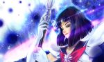  1girl bishoujo_senshi_sailor_moon black_hair bob_cut circlet crystal elbow_gloves gloves half-closed_eyes holding mhazaru sailor_collar sailor_saturn saturn_symbol short_hair silence_glaive smirk solo tomoe_hotaru white_gloves 