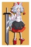  1girl animal_ears bare_shoulders blush cato_(monocatienus) fang geta hat highres inubashiri_momiji looking_at_viewer open_mouth pom_pom_(clothes) red_eyes short_hair silver_hair solo sword tail tokin_hat touhou weapon wolf_ears wolf_tail 