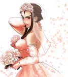  1girl blush bouquet bridal_veil bride dress elbow_gloves flower gloves hairlocs hermes_costello jojo_no_kimyou_na_bouken pppuni solo veil wedding_dress 