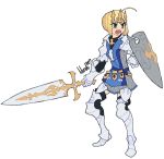  1girl ahoge alternate_costume armor blonde_hair braid fate/stay_night fate_(series) final_fantasy final_fantasy_xiv french_braid gauntlets greaves green_eyes hair_bun huge_weapon lilirulu paladin_(final_fantasy) saber shield shouting solo sword weapon 