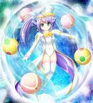  1girl animal ball beachball blue_background blue_bow blue_eyes bow coat coattails dolphin eyelashes frills hat hat_bow head_fins lace lace-trimmed_thighhighs leotard long_coat long_hair long_sleeves open_clothes open_coat ponytail puffy_long_sleeves puffy_sleeves purple_hair puzzle_&amp;_dragons rinkusu ruka_(p&amp;d) showgirl_skirt simple_background smile solo sparkle thigh-highs top_hat white_clothes white_hat white_legwear zettai_ryouiki 