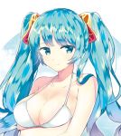  1girl bikini_top blue_eyes blue_hair blush bomu breasts large_breasts league_of_legends long_hair smile solo sona_buvelle twintails 