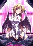  1girl bat_wings black_wings blonde_hair blood bloody_clothes blush breasts cleavage hair_ribbon hemogurobin_a1c kneeling kurumi_(touhou) large_breasts long_hair long_sleeves looking_at_viewer naked_shirt pink_eyes pointy_ears ribbon solo touhou touhou_(pc-98) v_arms very_long_hair wings 