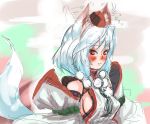 1girl animal_ears bakabakasii bare_shoulders blush breasts detached_sleeves hat highres inubashiri_momiji looking_at_viewer no_bra pom_pom_(clothes) red_eyes short_hair sideboob silver_hair solo tail tokin_hat touhou traditional_media wolf_ears wolf_tail 