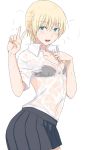  1girl blonde_hair blue_eyes blush bra hot looking_at_viewer ogros short_hair small_breasts smile solo sweat sweating sweating_profusely underwear v wet wet_clothes wet_shirt 