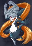  1girl helmet imp long_hair midna open_mouth orange_hair outstretched_arm outstretched_hand pointy_ears red_eyes smile solo the_legend_of_zelda tongue tongue_out twilight_princess ukan_muri 