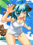  1girl ahoge animal_ears blush breasts green_eyes green_hair kasodani_kyouko kawachi_koorogi marker_(medium) one-piece_swimsuit one_eye_closed open_mouth short_hair smile solo swimsuit tail touhou traditional_media white_swimsuit wink 