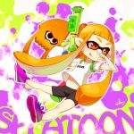  1girl bike_shorts blueberry_(5959) flat_chest inkling long_hair mask nintendo orange_eyes orange_hair paint_splatter pointy_ears shoes slime smile sneakers solo splatoon squid super_soaker tentacle_hair twintails 