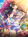  1girl black_hair butterfly dress flower hair_ribbon long_hair original petals ribbon smile solo umbrella violet_eyes yeonwa 