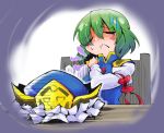  1girl 3: bow chair closed_eyes crown epaulettes frown green_hair hand_on_own_shoulder hat headwear_removed high_collar highres juliet_sleeves long_sleeves puffy_sleeves shaded_face shiki_eiki shinapuu short_hair sitting solo table touhou turn_pale 