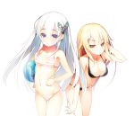  2girls bikini blonde_hair breasts butterfly_hair_ornament cleavage eyebrows hair_ornament hairclip large_breasts leaning_forward long_hair multiple_girls navel nekomu silver_hair small_breasts smile striped striped_bikini striped_swimsuit swimsuit violet_eyes yellow_eyes 