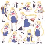  1girl ;p artist_name bag bishoujo_senshi_sailor_moon blonde_hair blue_eyes bread cat clone clumsy covering_face crescent_moon crying double_bun dressing food food_in_mouth hand_on_own_face lee1210 long_hair long_skirt luna_(sailor_moon) lunchbox moon one_eye_closed sailor_collar school_bag school_uniform serafuku sitting skirt smile socks tongue tongue_out tsukino_usagi twintails very_long_hair wink 