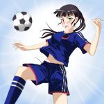  1girl alternate_costume ball black_hair blush heterochromia highres jatts looking_at_viewer midriff ponytail sakamoto_mio shorts soccer soccer_ball soccer_uniform solo sportswear strike_witches uniform 