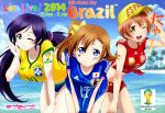  2014_fifa_world_cup 3girls adidas aqua_eyes baseball_cap blue_eyes bow brazil breasts brown_hair copyright_name english facepaint grin hair_bow hat highres hoshizora_rin japan kousaka_honoka large_breasts leaning_forward long_hair looking_at_viewer love_live!_school_idol_project megllica midriff multiple_girls one_eye_closed open_mouth purple_hair short_hair smile soccer_uniform spain sportswear toujou_nozomi twintails v wink yellow_eyes 