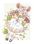  1girl animal_ears closed_eyes clover dress four-leaf_clover grey_hair hair_ribbon long_hair mokarooru mouse_ears mouse_tail original ribbon shoes simple_background socks solo tail white_background 
