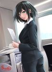  1girl 2015 artist_name artist_request black_hair copy_machine dated formal from_behind green_eyes highres indoors long_sleeves looking_at_viewer looking_back office office_lady original pant_suit paper parted_lips short_hair smile solo suit 