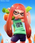  1girl bike_shorts flat_chest inkling long_hair mask neocoill over_shoulder payot pink_hair pointy_ears serious sleeveless solo splatoon super_soaker tentacle_hair twintails weapon weapon_over_shoulder 