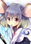  1girl animal_ears blush grey_hair mouse_ears mouse_tail nazrin red_eyes school_uniform serafuku short_hair skirt solo tail touhou 