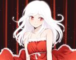  1girl apfl0515 bare_shoulders blush dress long_hair monogatari_(series) red_dress red_eyes sengoku_nadeko smile solo white_hair 