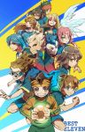  1girl 6+boys afuro_terumi angel_wings ball best_eleven blonde_hair blue_eyes blue_hair brown_eyes brown_hair cape crossover endou_kanon everyone gloves goalkeeper goggles gouenji_shuuya green_eyes green_hair grin hair_ornament hairband hairlocs headband highres inazuma_eleven inazuma_eleven_(series) inazuma_eleven_choujigen_dream_match inazuma_eleven_go inazuma_eleven_go_chrono_stone kazemaru_ichirouta kidou_yuuto kirino_ranmaru long_hair matsukaze_tenma multiple_boys nanobana_kinako open_mouth orange_eyes parted_lips pink_hair ponytail red_eyes seraph shindou_takuto short_hair shuu_(inazuma_eleven) smile soccer_ball soccer_uniform sportswear telstar time_paradox tsurugi_kyousuke twintails wings yellow_eyes 