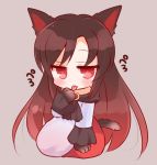  1girl animal_ears bare_shoulders blush brown_hair chibi dress fur imaizumi_kagerou jewelry licking licking_hand long_hair marshmallow_mille red_eyes sitting solo tail tongue tongue_out touhou very_long_hair wolf wolf_ears wolf_tail 
