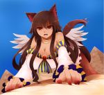  1girl adapted_costume all_fours alternate_skin_color animal_ears arano_oki bare_shoulders bed blue_sky breasts brooch brown_eyes brown_hair cleavage dark_skin detached_sleeves egyptian_clothes fang frilled_sleeves frills hanging_breasts imaizumi_kagerou jewelry large_breasts long_hair long_sleeves necklace open_mouth pyramid red_nails skirt sky solo tail tan touhou very_long_hair wings wolf_ears wolf_tail 