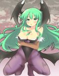  1girl bare_shoulders bat_print bat_wings blush breasts cleavage demon_girl green_eyes green_hair head_wings highres kneeling large_breasts leotard long_hair miyamaru morrigan_aensland no_shoes print_legwear solo succubus vampire_(game) wings 