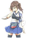  1girl adjusting_glasses asymmetrical_hair bespectacled brown_hair glasses highres japanese_clothes kaga_(kantai_collection) kantai_collection muneate open_mouth personification side_ponytail skirt solo thigh-highs tomo_futoshi yellow_eyes 