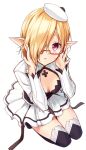  1girl adjusting_glasses black_legwear blonde_hair breasts cleavage_cutout from_above glasses hair_over_one_eye hat irimo-m kneeling phantasy_star phantasy_star_online_2 pointy_ears red-framed_glasses semi-rimless_glasses short_hair simple_background solo thigh-highs under-rim_glasses violet_eyes white_background 