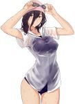  1girl black_hair blush breasts brown_eyes goggles ogros one-piece_swimsuit school_uniform serafuku solo sweat sweating sweating_profusely swim_cap swimsuit wet wet_clothes wet_shirt 