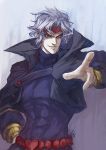  1boy cape dio_brando hideki jojo_no_kimyou_na_bouken pointing red_eyes silver_hair solo 