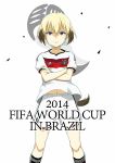  1girl adidas alternate_costume blonde_hair blue_eyes crossed_arms english erica_hartmann germany highres looking_at_viewer midriff multicolored_hair navel rin_mokkomoko short_hair shorts soccer_uniform solo sportswear strike_witches tail uniform white_background world_cup 