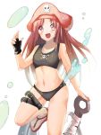  1girl anchor blush brown_eyes brown_hair fingerless_gloves gloves guilty_gear hachimitsu_(honey_xxxx) hat highres may_(guilty_gear) midriff navel open_mouth pirate_hat sandals skull_and_crossbones small_breasts solo swimsuit tankini thigh_strap 