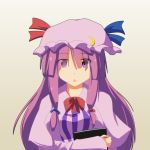  1girl book bow capelet cato_(monocatienus) chestnut_mouth crescent dress eyes_visible_through_hair hair_bow hat hat_ribbon long_hair long_sleeves looking_at_viewer mob_cap patchouli_knowledge purple_hair ribbon solo striped striped_dress touhou very_long_hair violet_eyes 