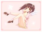  1girl artist_request bag brown_eyes brown_hair clover commentary_request dress four-leaf_clover hair_ornament high_heels idolmaster idolmaster_cinderella_girls ogata_chieri sack sitting smile solo twintails wings 