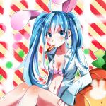  1girl ahoge animal_ears blue_eyes blue_hair bra carrot hatsune_miku long_hair min_(boc91025) mouth_hold navel open_clothes open_shirt rabbit_ears sitting solo striped striped_background twintails underwear very_long_hair vocaloid 