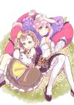  2girls :o arms_up atelier_(series) atelier_escha_&amp;_logy blush bracelet brown_hair choker detached_sleeves dress escha_malier flower green_dress green_eyes hair_ornament hairclip hat highres jewelry long_hair long_sleeves lucille_ernella lying multiple_girls on_back pink_hair shoes short_hair skirt striped striped_dress thigh-highs twintails wankoo-mikami white_legwear yellow_eyes 