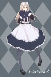  1girl apron axis_powers_hetalia belarus_(hetalia) bk3 black_gloves black_legwear black_shoes blonde_hair blue_background blue_dress blue_eyes bow buttons character_name diamond_(shape) dress dual_wielding full_body gloves hair_bow highres lace-trimmed_apron lace-trimmed_dress long_hair long_sleeves mary_janes pantyhose patterned patterned_background petticoat puffy_long_sleeves puffy_sleeves scissors shoes simple_background solo star striped text white_bow x_arms 