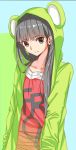  1girl animal_costume black_hair blue_eyes frog_costume hoodie long_hair looking_at_viewer original smile solo 