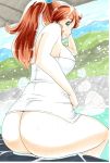  1girl absurdres ass bishoujo_senshi_sailor_moon bottomless breasts brown_hair green_eyes hayami_jin highres impossible_towel kino_makoto large_breasts looking_over_shoulder marker_(medium) onsen outdoors ponytail rock sitting smile solo steam towel traditional_media water 